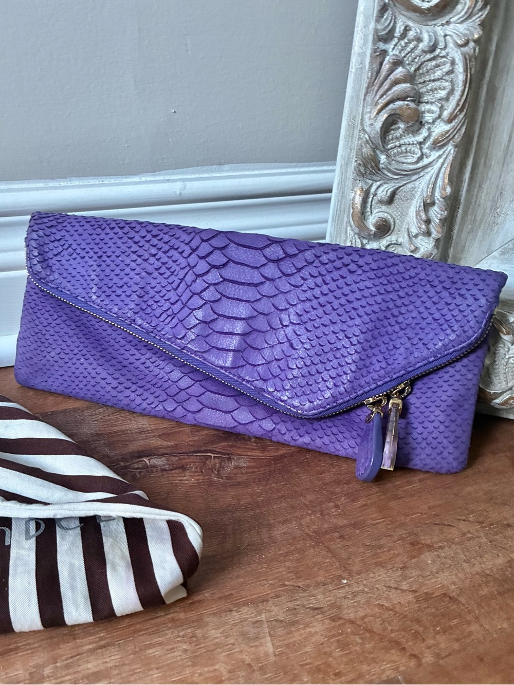Henri Bendel Purple Croc Nubuck Leather Clutch And Dust Bag